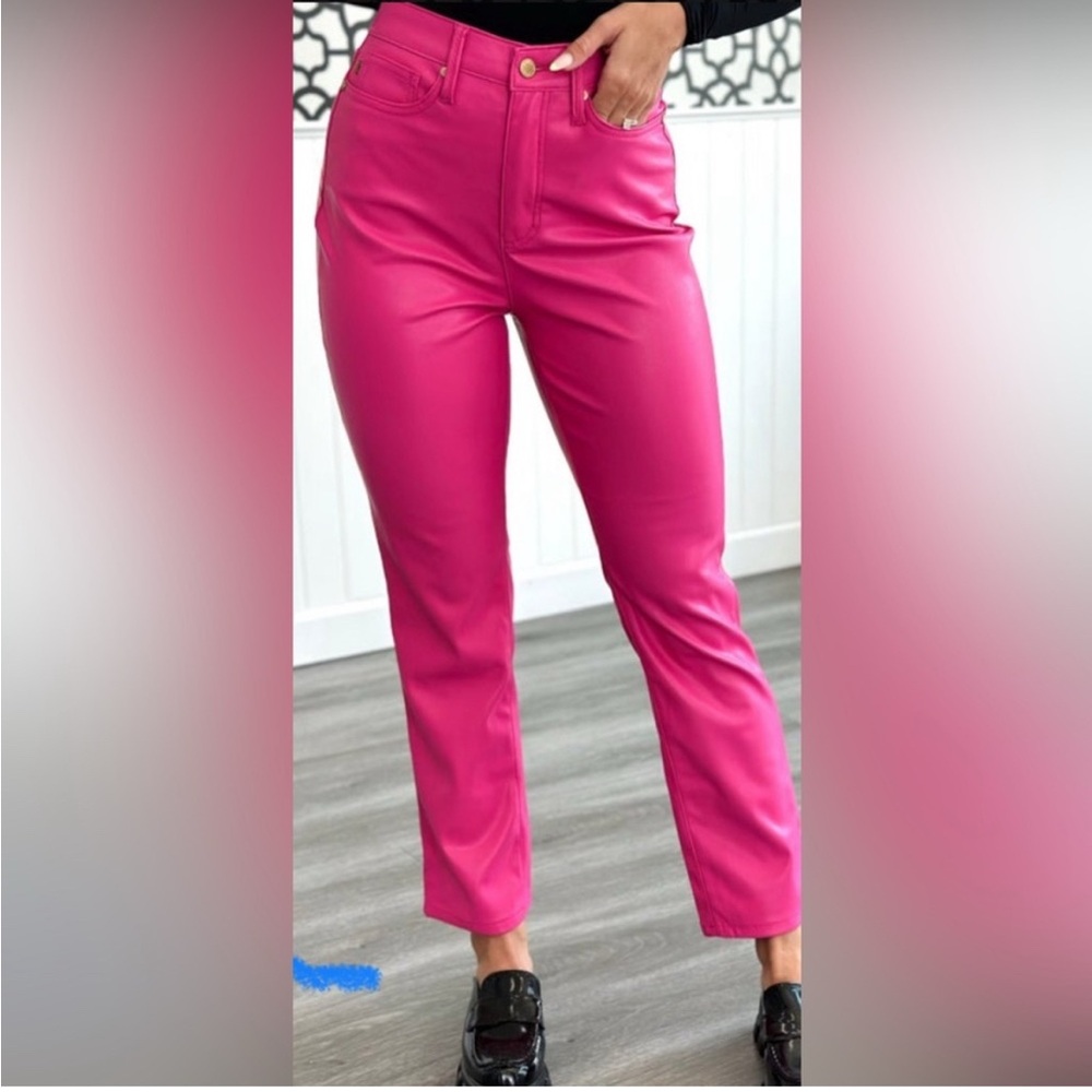 NWT - Judy Blue Hot Pink Tummy Control Faux Leather Pants - Woman's Size 13/31